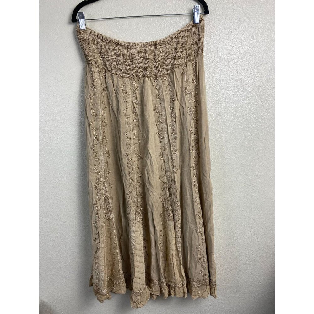 NEW Cute Option Boho Embroidered Midi Skirt Size XL Smocked Waist Prairie Floral - Picture 2 of 15